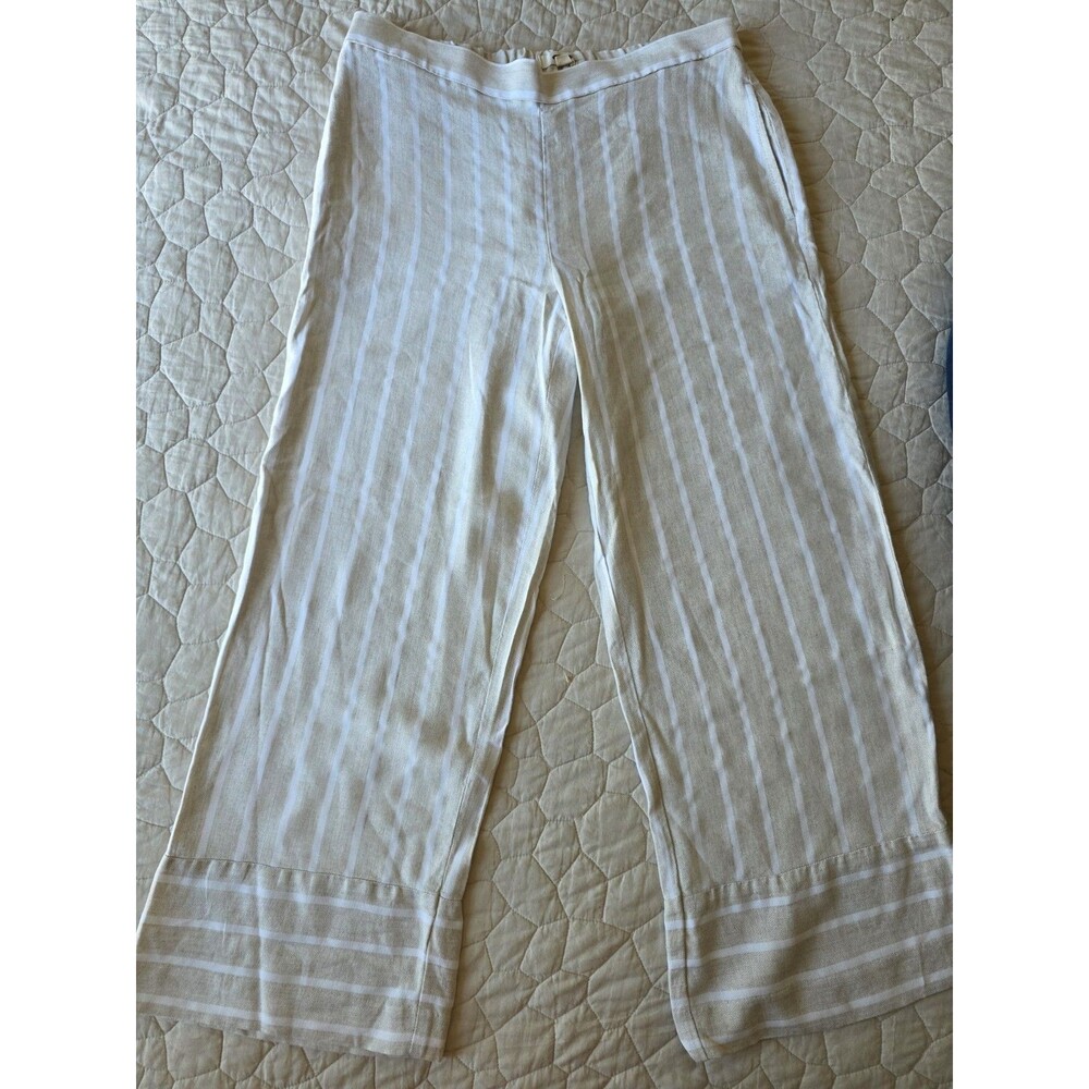 Loft Crop Pants Size Small Tan White Strip Linen Blend Pull On Pockets Beachy